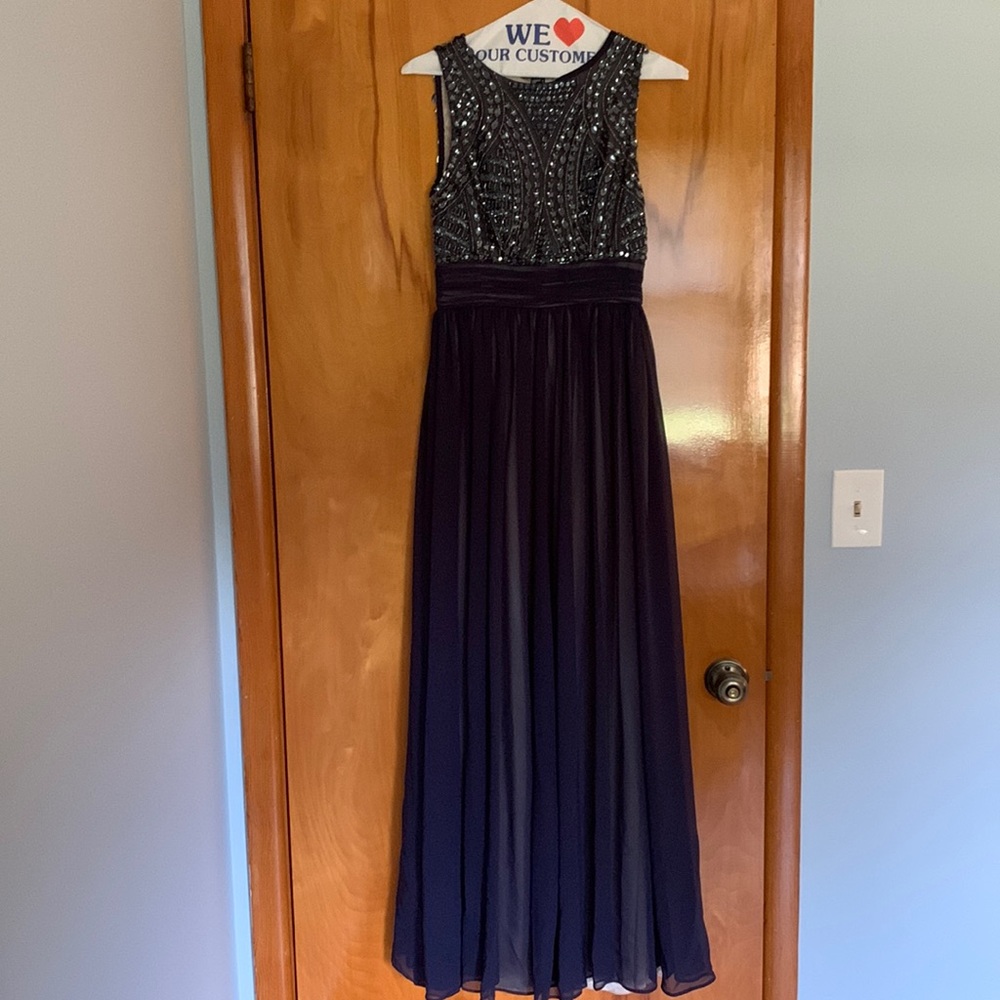 Boutique Evening gown; Navy blue with gold slip and undertones, beaded